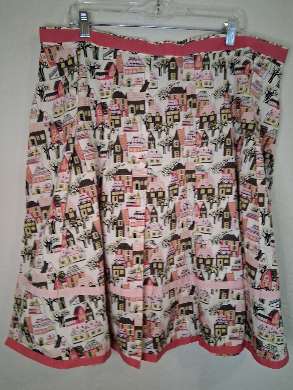 Bernardo Women’s Novelty Cottage Print A-Line Cotton Skirt Pink and Brown SZ 20W
